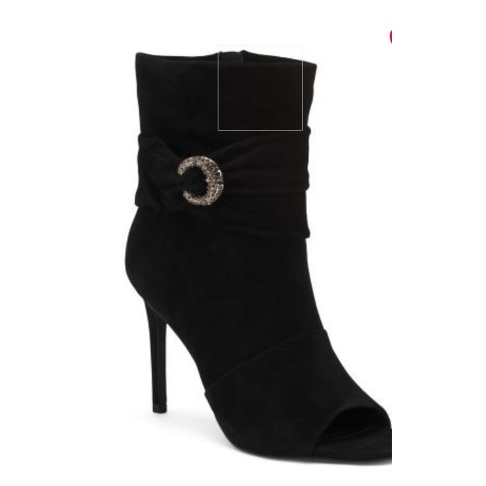 Vince Camuto Black Stiletto Open Toe Ankle Boots Crystal Crescent Moon Slouchy